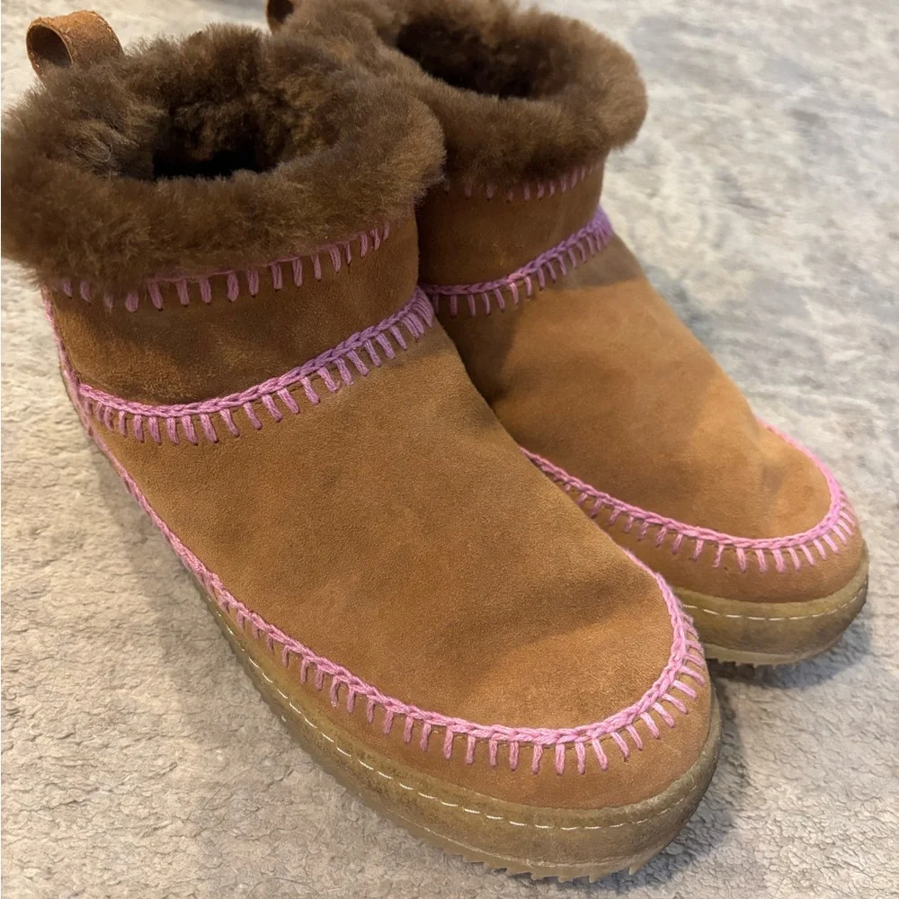 Brown Ankle Boots with Pink Stitching - Picture 3 of 5